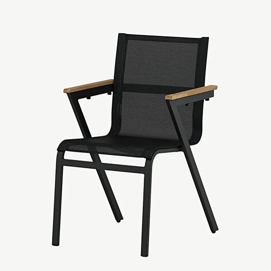 Stackitav must alumiiniumist aiamööbli tool Mexico tiikpuust käetugedega, tekstileenist istmega, 6083-520 – 5