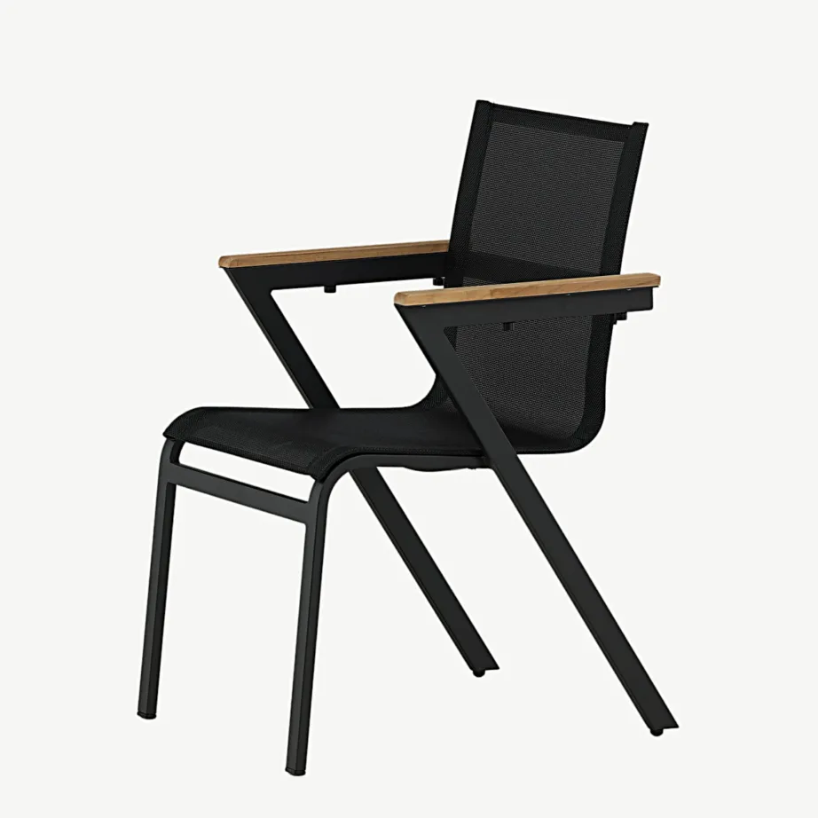 Stackitav must alumiiniumist aiamööbli tool Mexico tiikpuust käetugedega, tekstileenist istmega, 6083-520 – 6