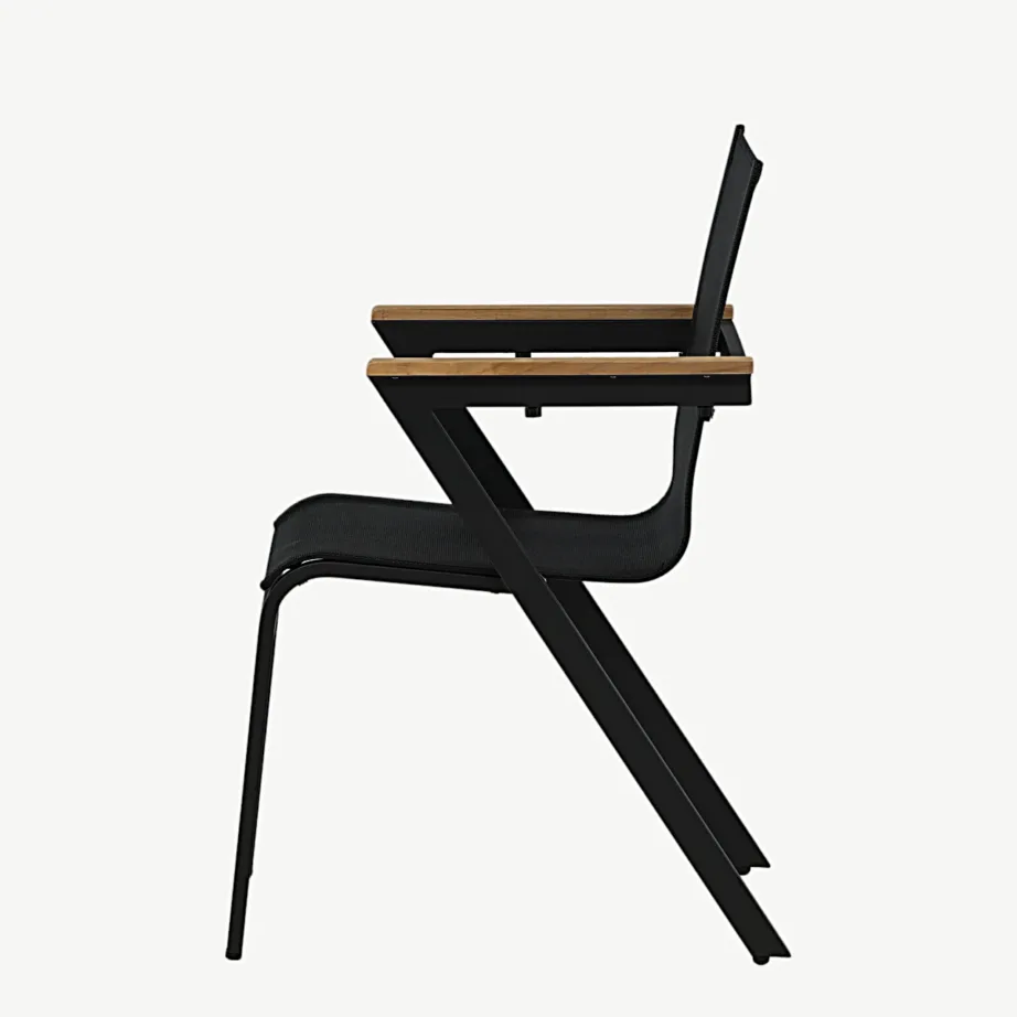 Stackitav must alumiiniumist aiamööbli tool Mexico tiikpuust käetugedega, tekstileenist istmega, 6083-520 – 7