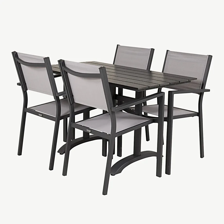 Denveri ristkülikukujuline must aiamööblikomplekt puitplastkomposiidist ja halli tekstileeniga toolidega, GR18210 – 3