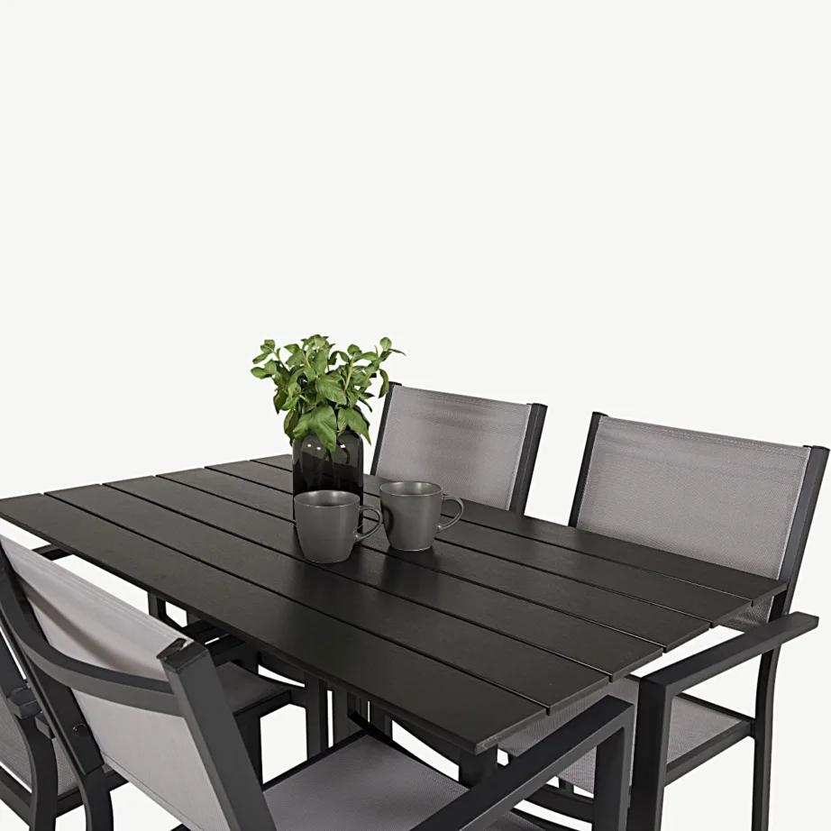 Denveri ristkülikukujuline must aiamööblikomplekt puitplastkomposiidist ja halli tekstileeniga toolidega, GR18210 – 5