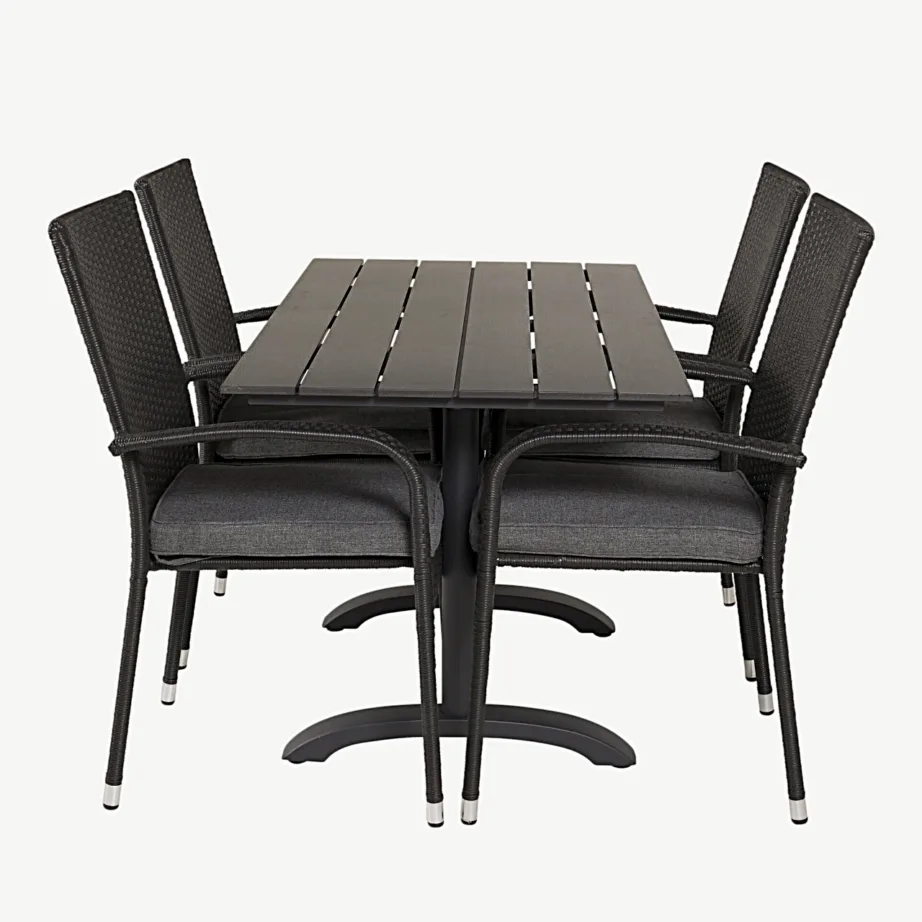 Denveri must aiakomplekt: ristkülikukujuline laud puitplastkomposiidist ja 4 virnastatavat Anna tehisrotangtooliga, GR18212 – 2