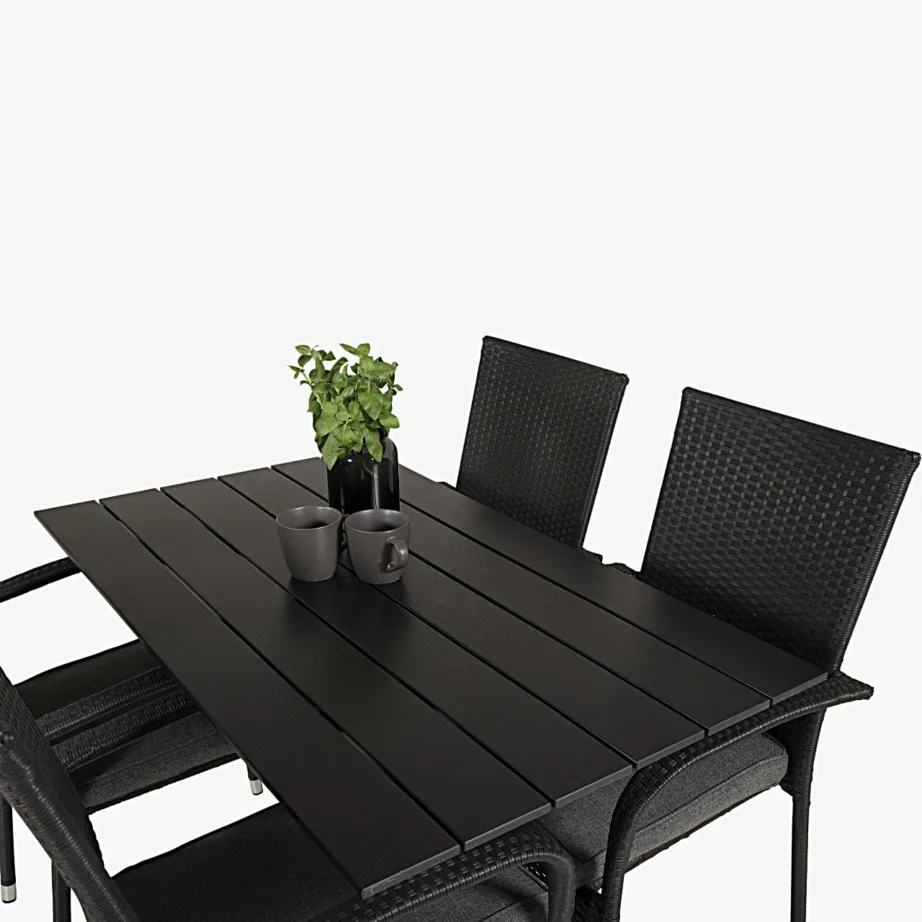 Denveri must aiakomplekt: ristkülikukujuline laud puitplastkomposiidist ja 4 virnastatavat Anna tehisrotangtooliga, GR18212 – 6