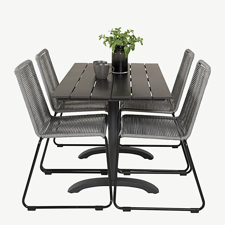 Denveri ristkülikukujuline must õuesöögilaud ja hallid köisistmega toolid (alumiinium, WPC), GR18216 – 3