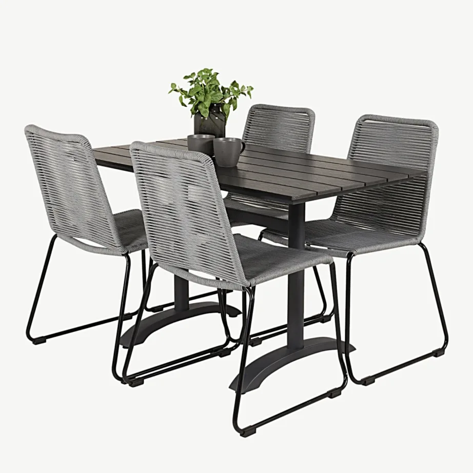 Denveri ristkülikukujuline must õuesöögilaud ja hallid köisistmega toolid (alumiinium, WPC), GR18216 – 4