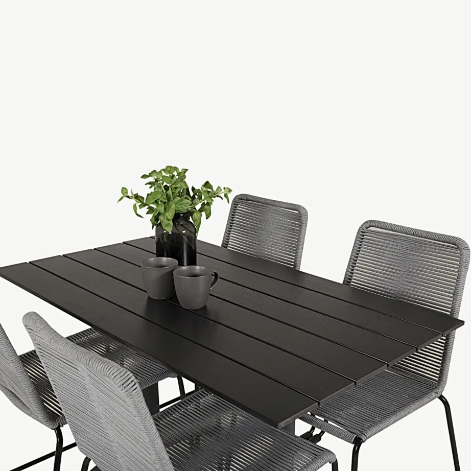 Denveri ristkülikukujuline must õuesöögilaud ja hallid köisistmega toolid (alumiinium, WPC), GR18216 – 5