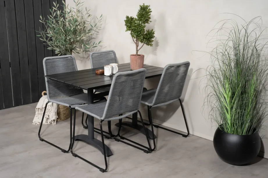 Denveri ristkülikukujuline must õuesöögilaud ja hallid köisistmega toolid (alumiinium, WPC), GR18216 – 7