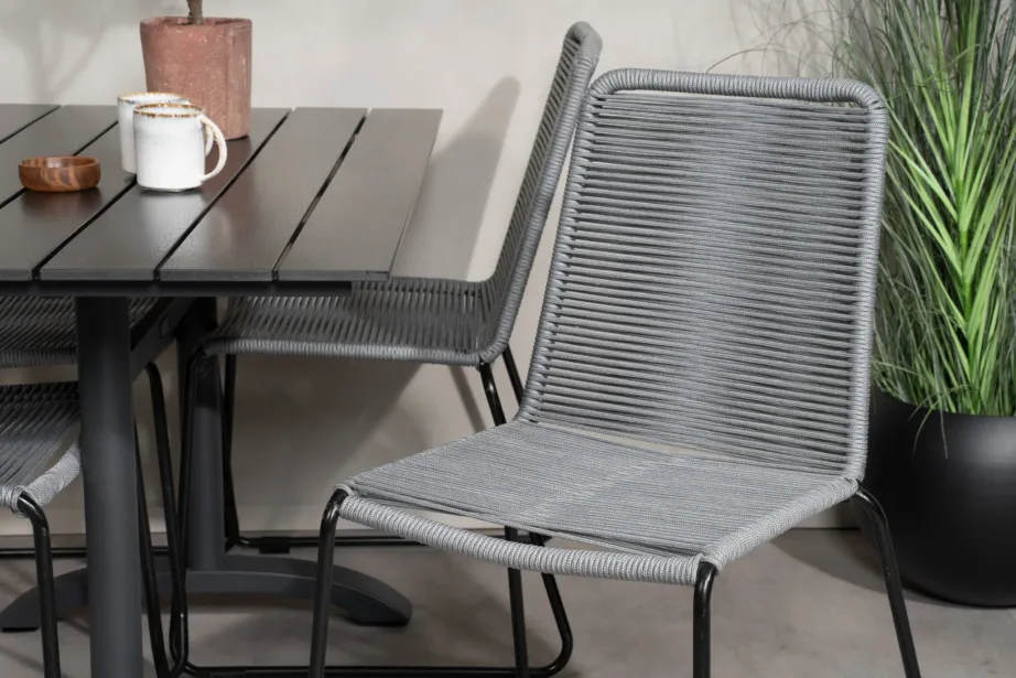 Denveri ristkülikukujuline must õuesöögilaud ja hallid köisistmega toolid (alumiinium, WPC), GR18216 – 9