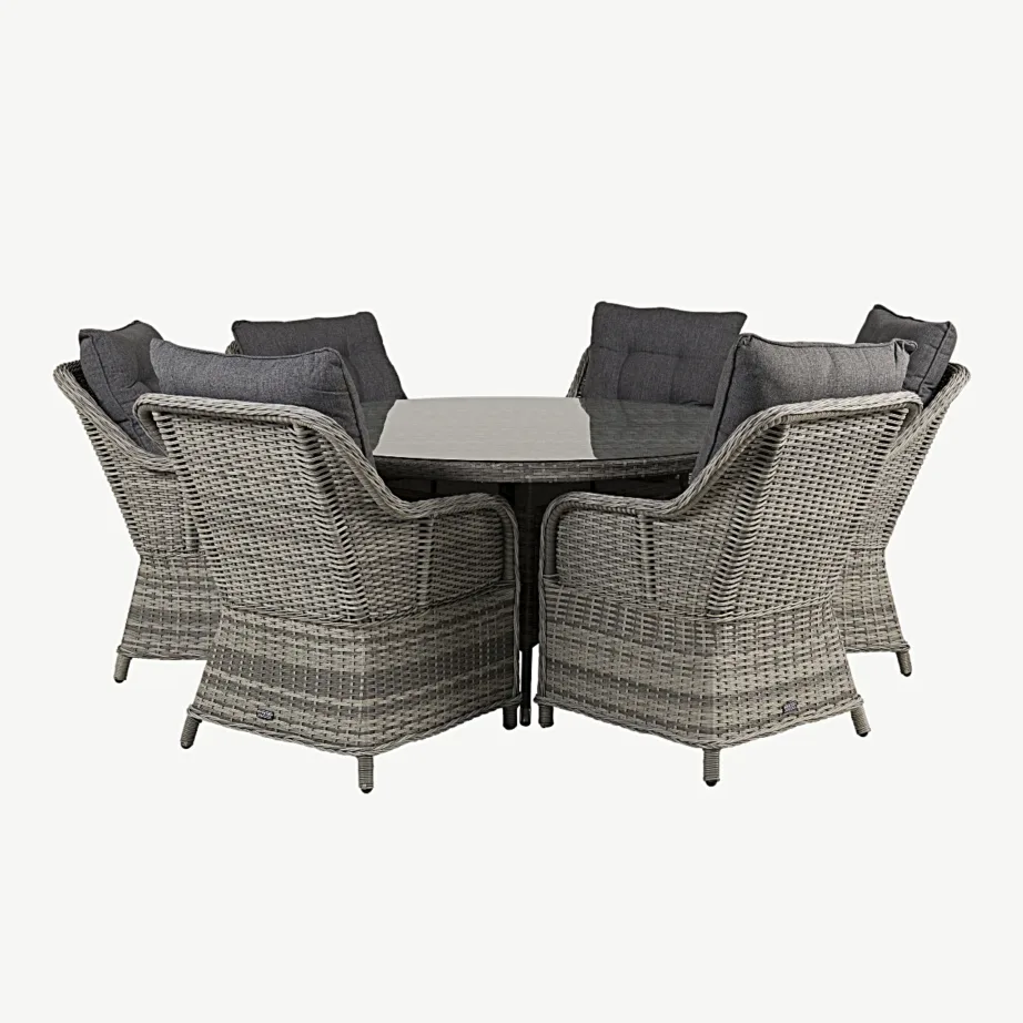 Volta ümmargune punutud aiamööblikomplekt (klaasplaadiga, laud ø150 cm, hall, 6 tugitooli patjadega), GR18302 – 2