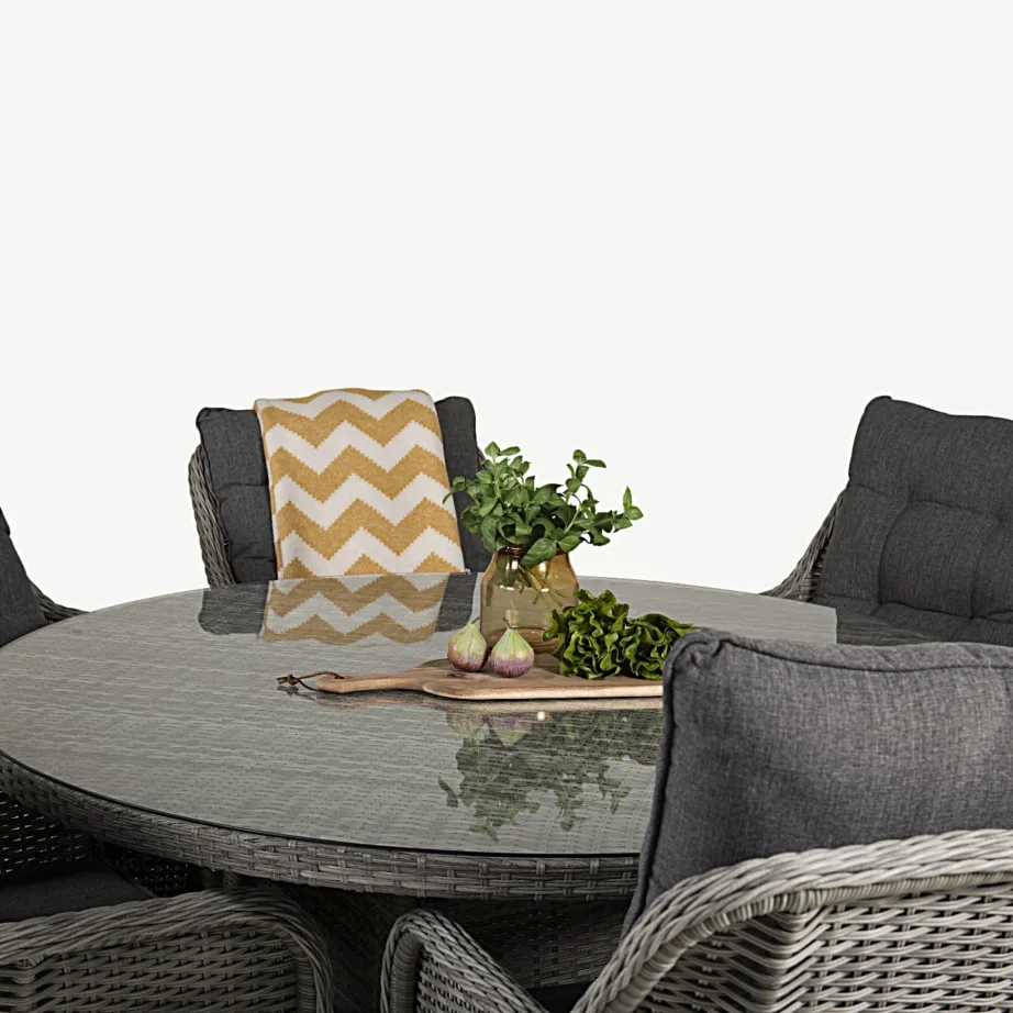 Volta ümmargune punutud aiamööblikomplekt (klaasplaadiga, laud ø150 cm, hall, 6 tugitooli patjadega), GR18302 – 3