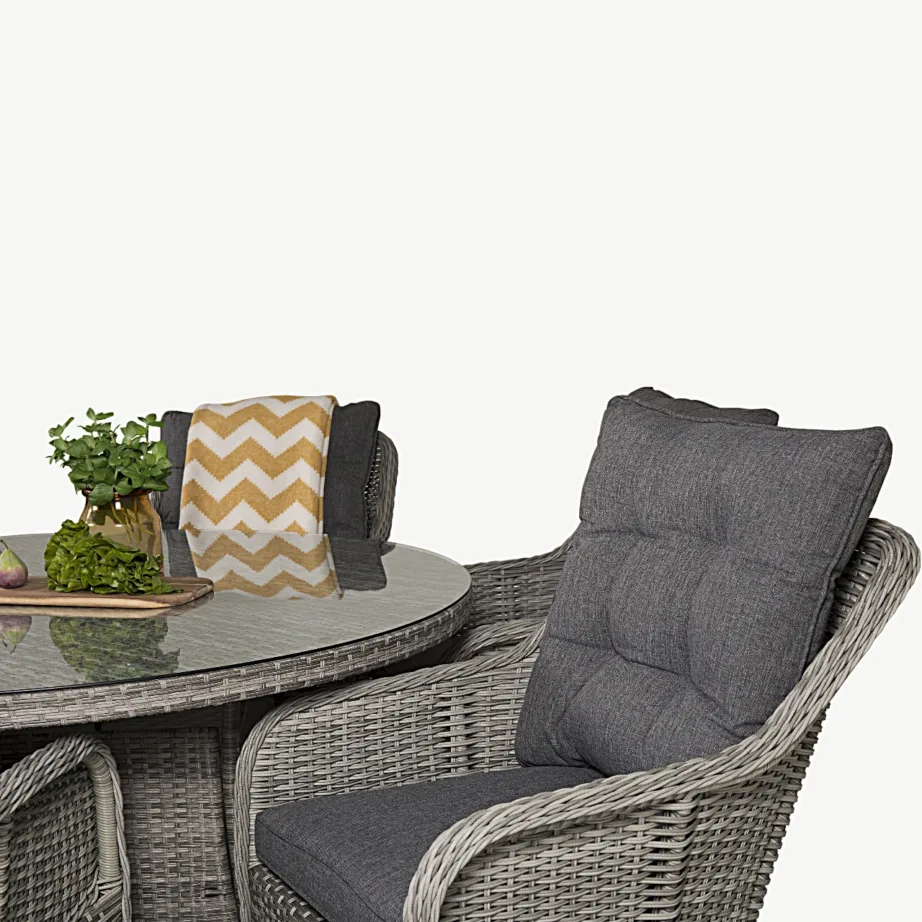 Volta ümmargune punutud aiamööblikomplekt (klaasplaadiga, laud ø150 cm, hall, 6 tugitooli patjadega), GR18302 – 4