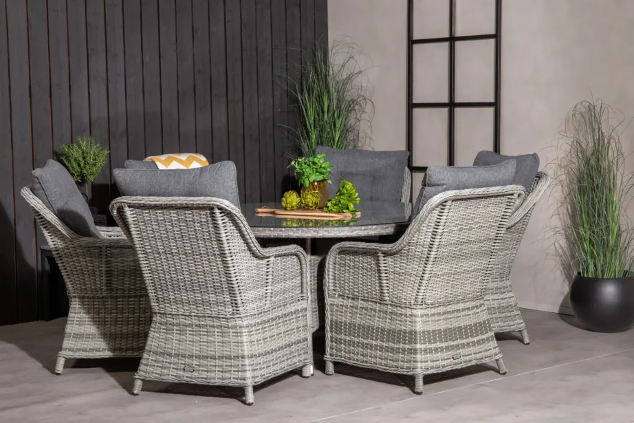 Volta ümmargune punutud aiamööblikomplekt (klaasplaadiga, laud ø150 cm, hall, 6 tugitooli patjadega), GR18302 – 5