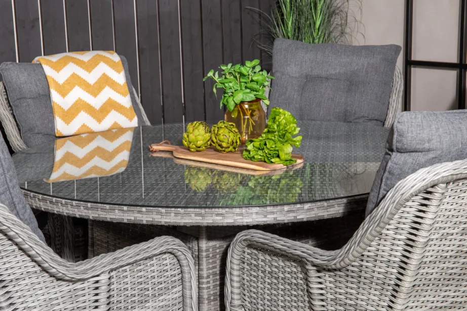 Volta ümmargune punutud aiamööblikomplekt (klaasplaadiga, laud ø150 cm, hall, 6 tugitooli patjadega), GR18302 – 6