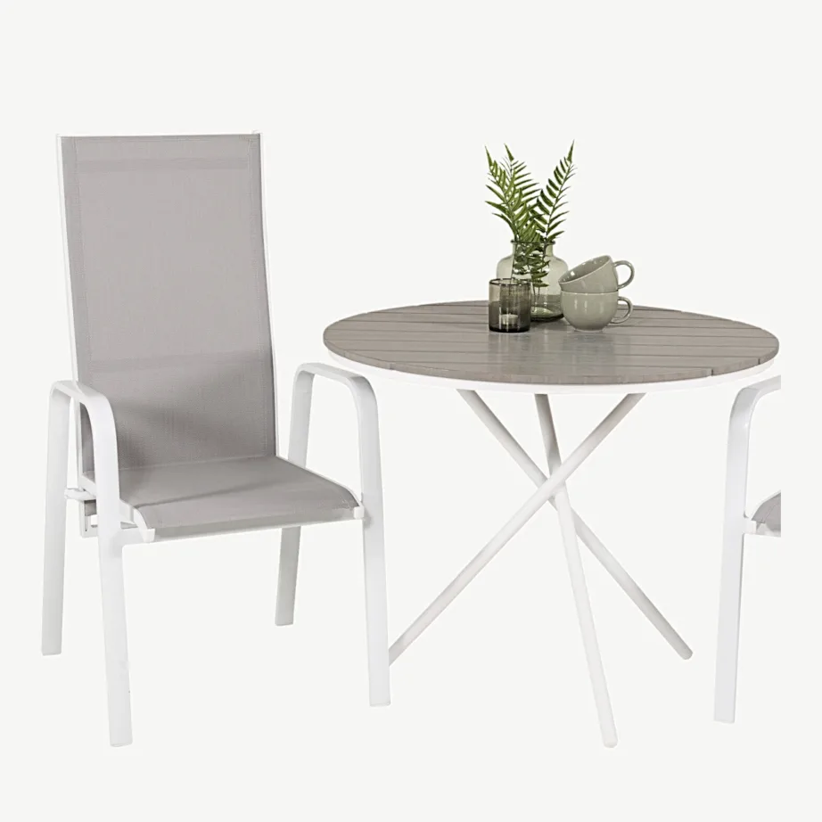 Parma ümmargune välimööblikomplekt, hall puitplastkomposiidist laud ja valgete alumiiniumraamidega toolid, GR18331 – 2