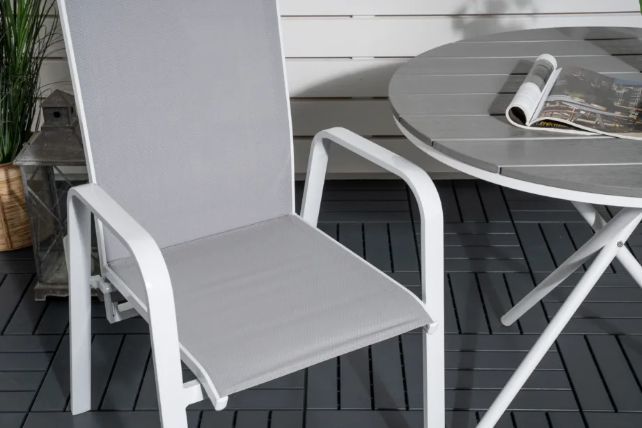 Parma ümmargune välimööblikomplekt, hall puitplastkomposiidist laud ja valgete alumiiniumraamidega toolid, GR18331 – 8