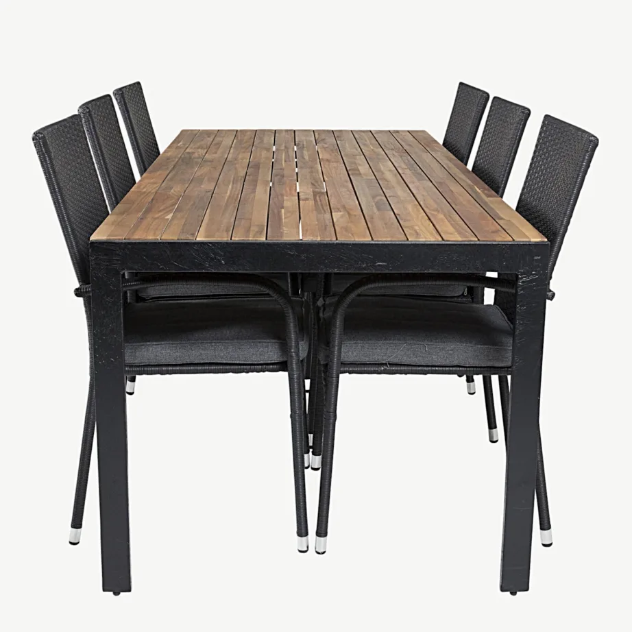 Bois ristkülikukujuline akaatsiapuidust aiamööbli komplekt mustade alumiiniumjalgade ja 6 virnastatava tooliga, GR18368 – 2
