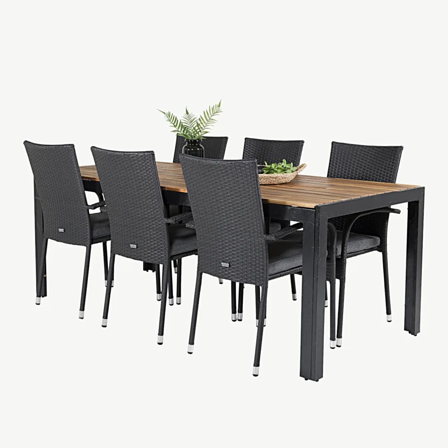 Bois ristkülikukujuline akaatsiapuidust aiamööbli komplekt mustade alumiiniumjalgade ja 6 virnastatava tooliga, GR18368 – 4
