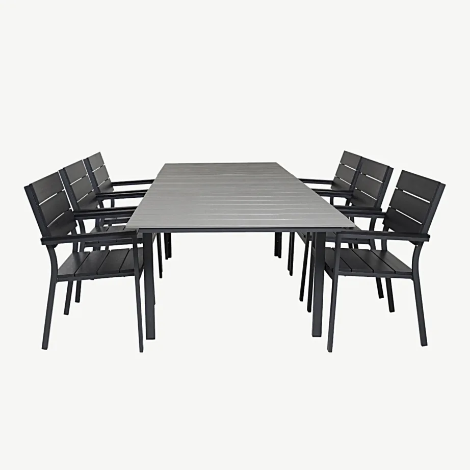 Pikendatav hall aiadiningukomplekt Levels (puitplastkomposiit, must alumiinium, laud + 6 virnastatavat tooli), GR18560 – 2