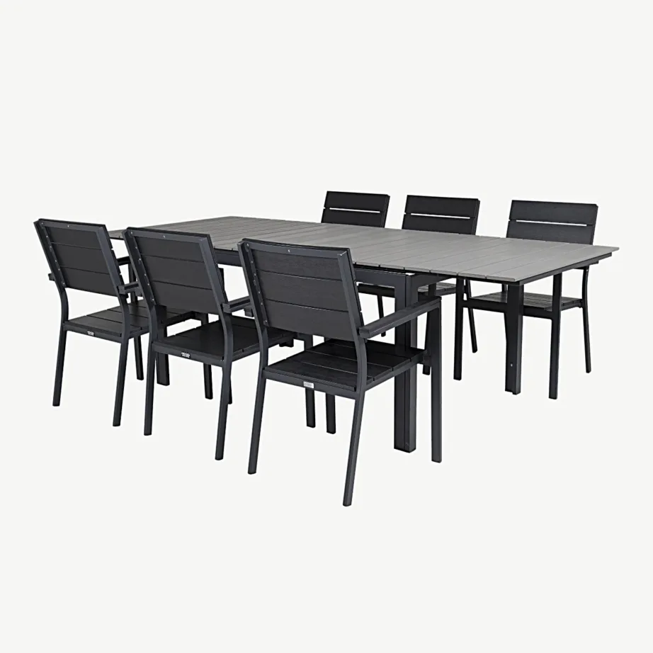 Pikendatav hall aiadiningukomplekt Levels (puitplastkomposiit, must alumiinium, laud + 6 virnastatavat tooli), GR18560 – 3