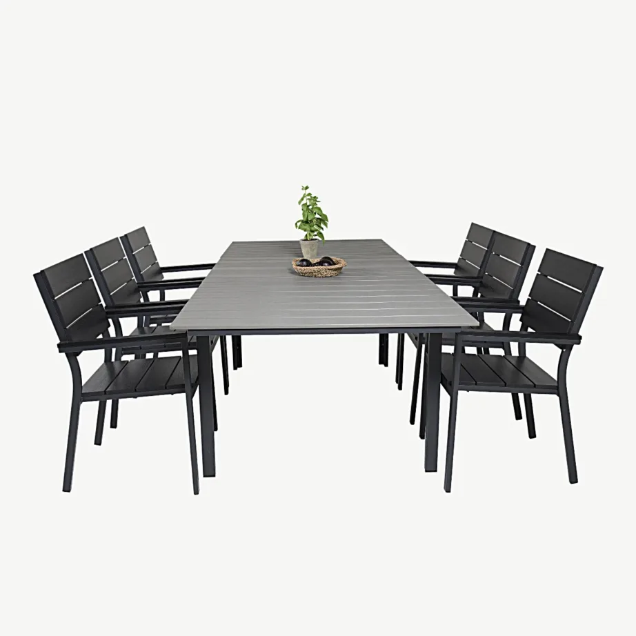 Pikendatav hall aiadiningukomplekt Levels (puitplastkomposiit, must alumiinium, laud + 6 virnastatavat tooli), GR18560 – 4