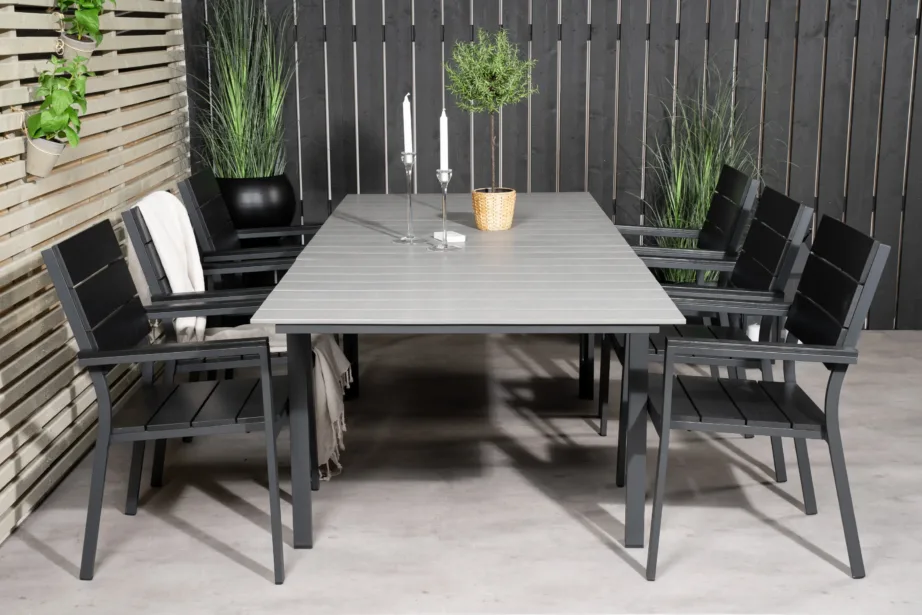 Pikendatav hall aiadiningukomplekt Levels (puitplastkomposiit, must alumiinium, laud + 6 virnastatavat tooli), GR18560 – 5