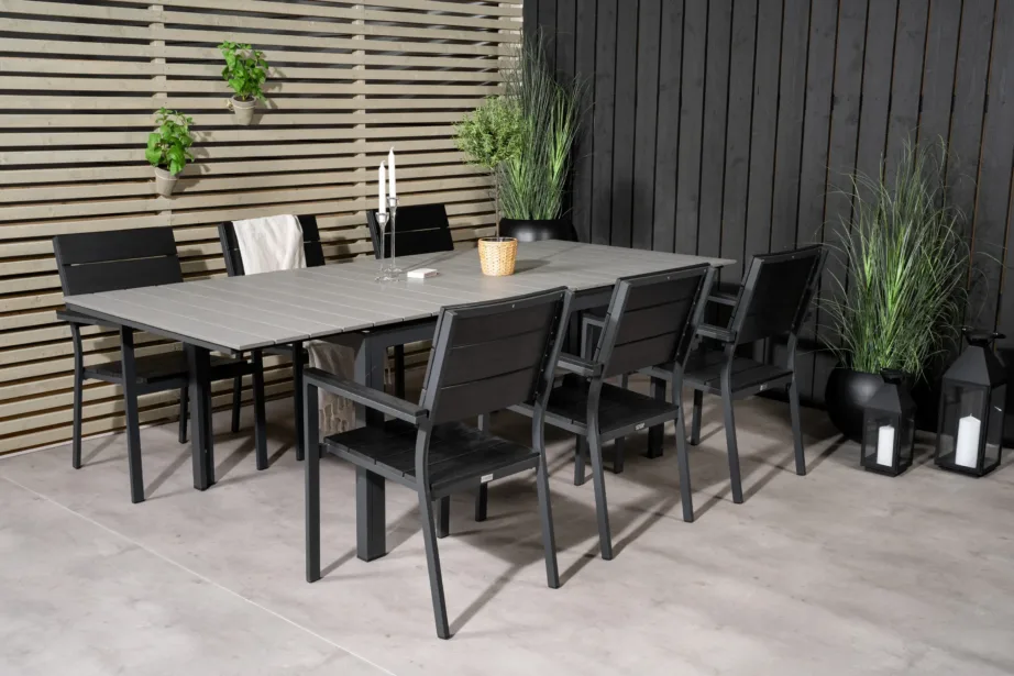Pikendatav hall aiadiningukomplekt Levels (puitplastkomposiit, must alumiinium, laud + 6 virnastatavat tooli), GR18560 – 6