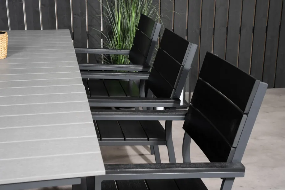 Pikendatav hall aiadiningukomplekt Levels (puitplastkomposiit, must alumiinium, laud + 6 virnastatavat tooli), GR18560 – 7