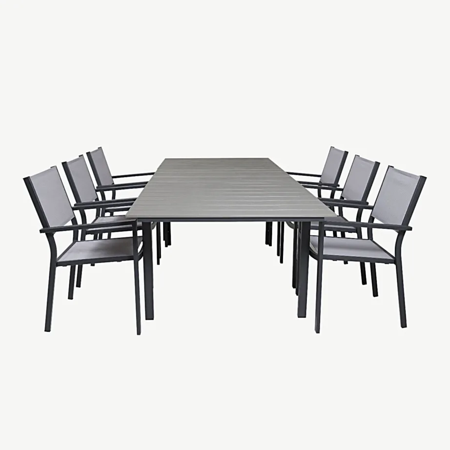 Levels laiendatav aiasöögilaud ja Copacabana käetugedega toolide komplekt (WPC, hall/must), GR18563 – 2