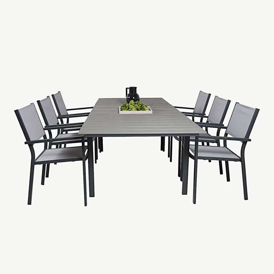 Levels laiendatav aiasöögilaud ja Copacabana käetugedega toolide komplekt (WPC, hall/must), GR18563 – 3