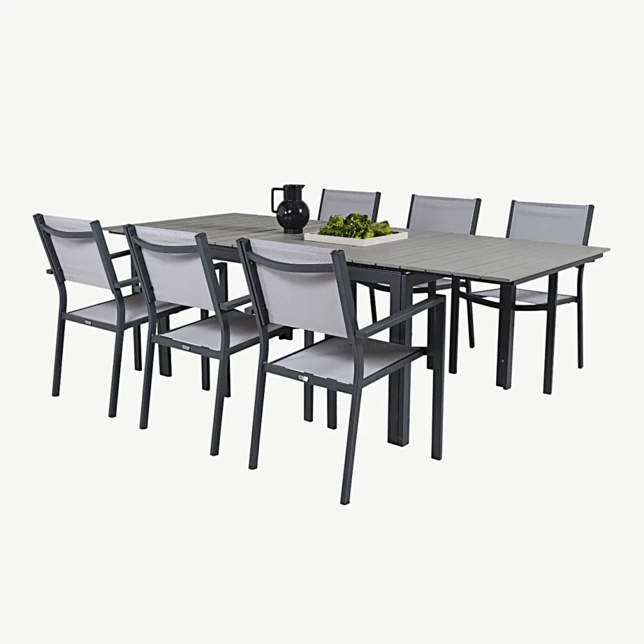 Levels laiendatav aiasöögilaud ja Copacabana käetugedega toolide komplekt (WPC, hall/must), GR18563 – 4