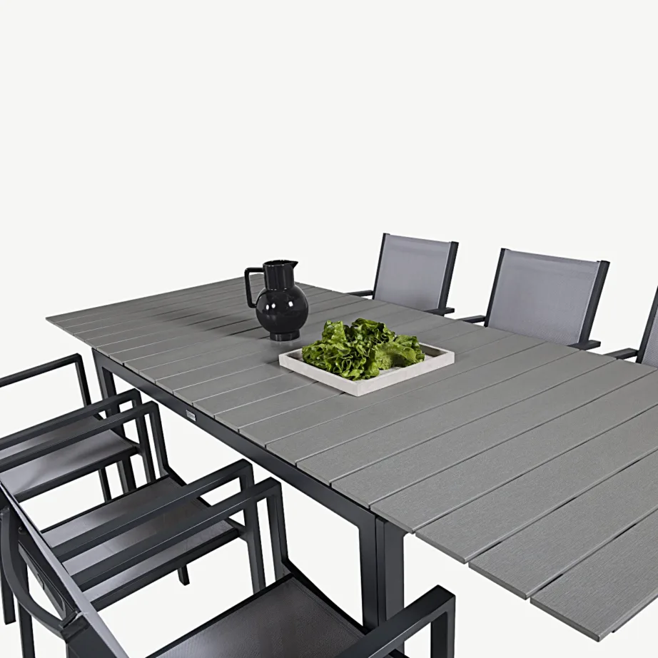 Levels laiendatav aiasöögilaud ja Copacabana käetugedega toolide komplekt (WPC, hall/must), GR18563 – 5