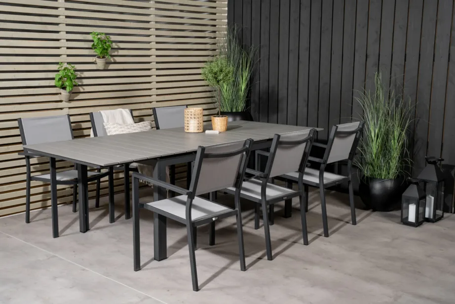 Levels laiendatav aiasöögilaud ja Copacabana käetugedega toolide komplekt (WPC, hall/must), GR18563 – 8