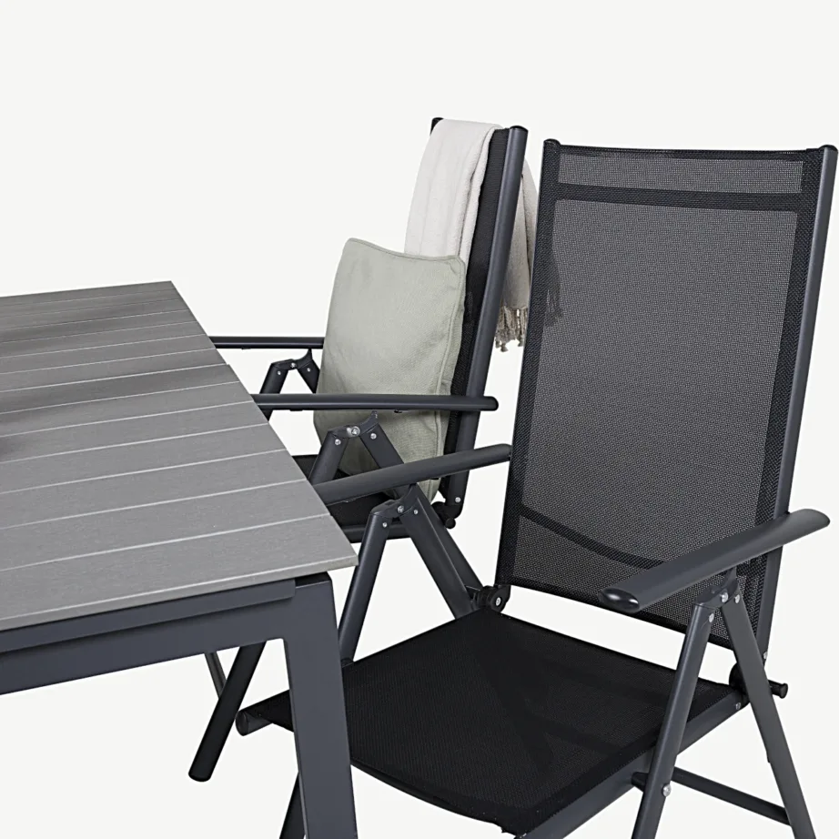 Levels ristkülikukujuline alumiiniumist aiamööblikomplekt kokkupandavate toolidega, must/hall (WPC lauaplaat), GR18570 – 6