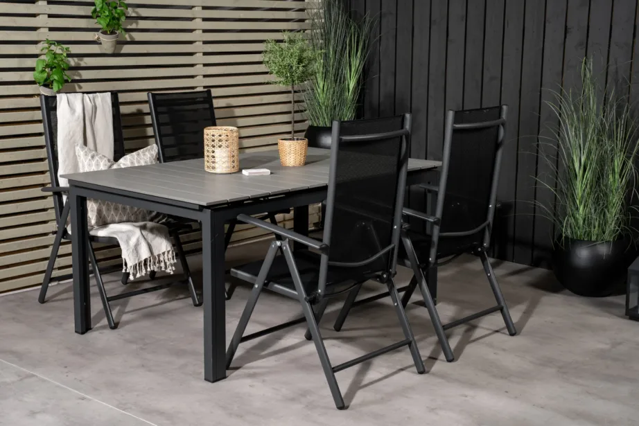 Levels ristkülikukujuline alumiiniumist aiamööblikomplekt kokkupandavate toolidega, must/hall (WPC lauaplaat), GR18570 – 8