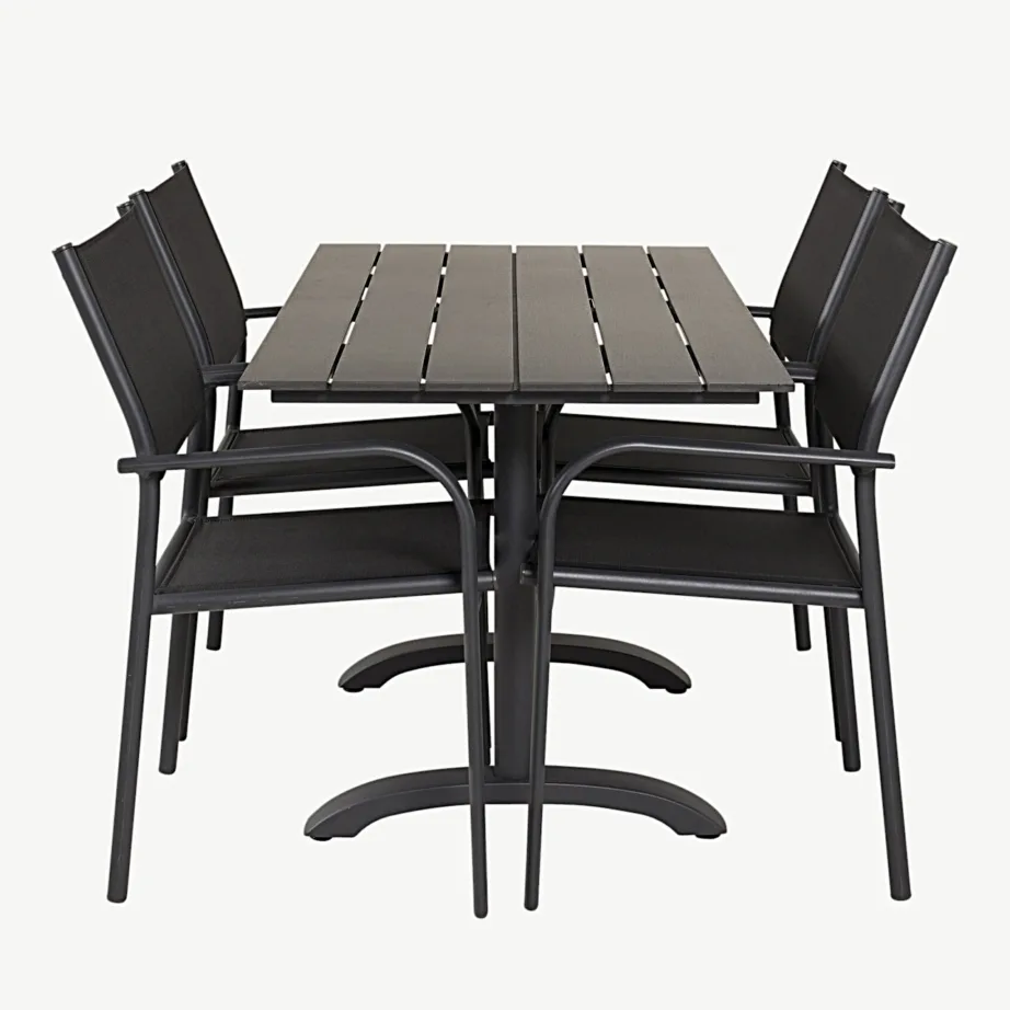 Denver ristkülikukujuline must aiamööbli komplekt (puitplastkomposiit ja alumiinium, 1 laud + 4 virnastatavat tooli), GR18609 – 2