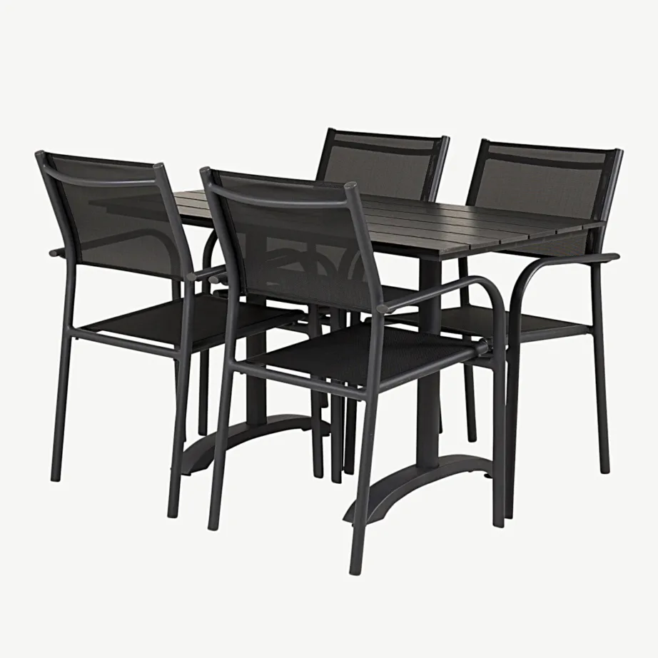 Denver ristkülikukujuline must aiamööbli komplekt (puitplastkomposiit ja alumiinium, 1 laud + 4 virnastatavat tooli), GR18609 – 3