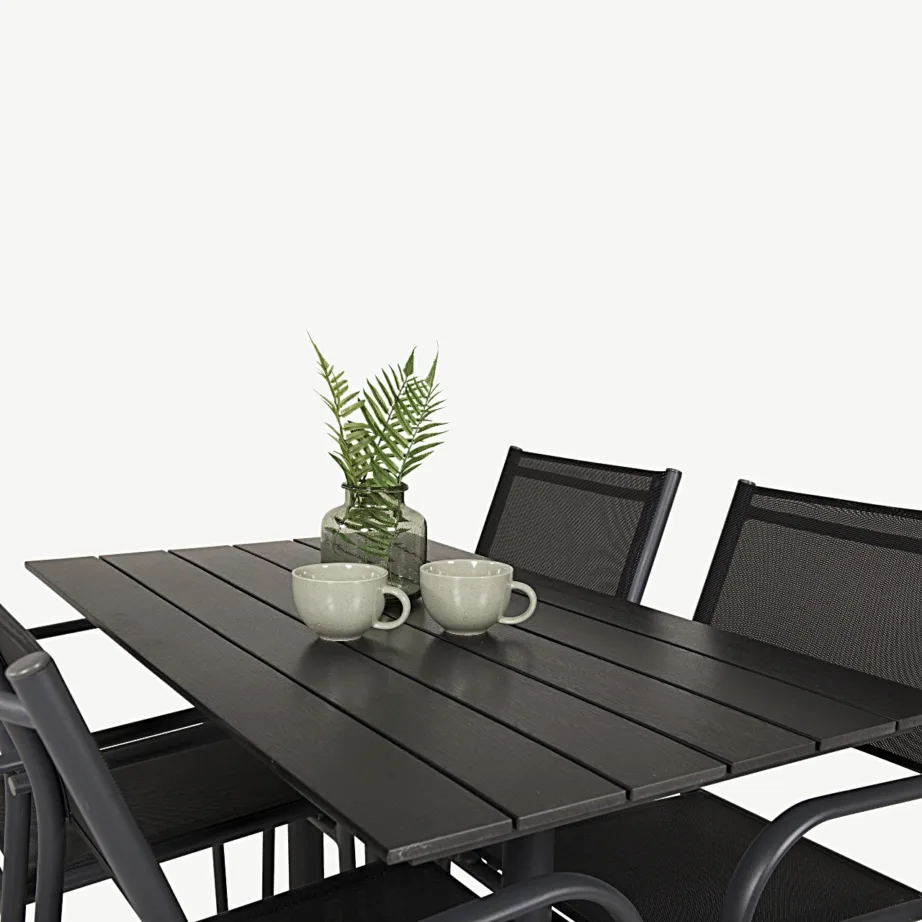 Denver ristkülikukujuline must aiamööbli komplekt (puitplastkomposiit ja alumiinium, 1 laud + 4 virnastatavat tooli), GR18609 – 5