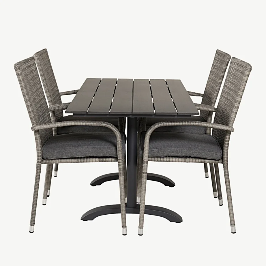 Denveri ristkülikukujuline aiakomplekt (mustast puitplastkomposiidist laud ja hallid punutud toolid), GR18610 – 2