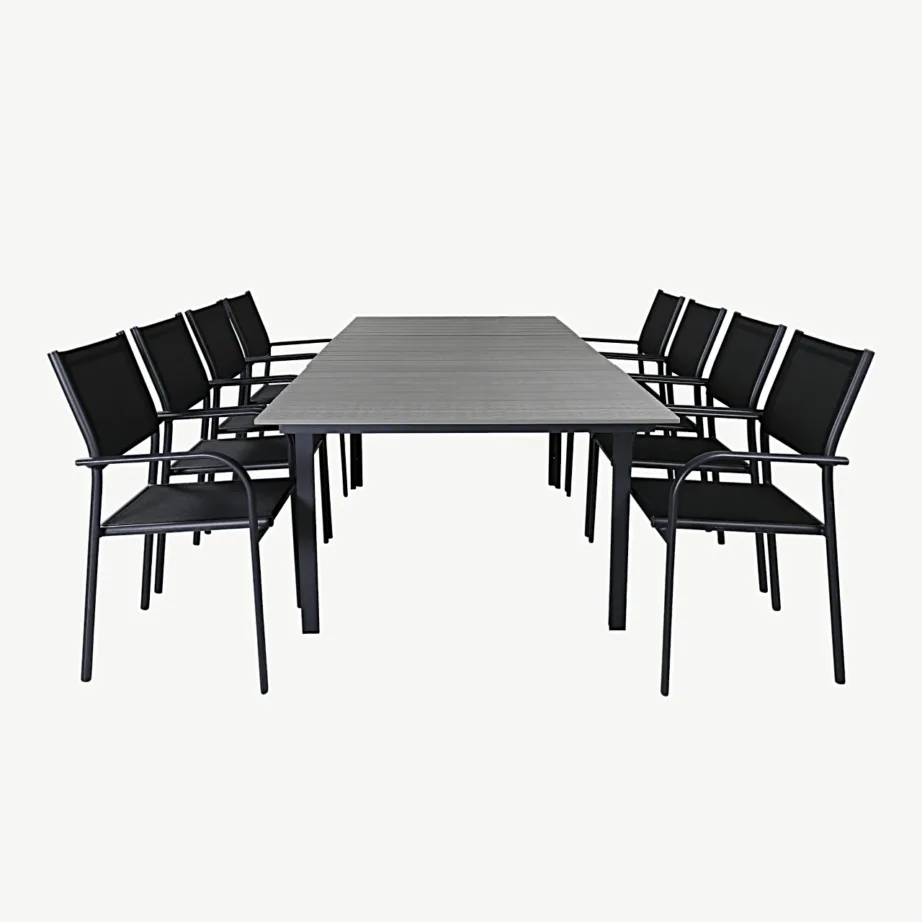 Levels ristkülikukujuline hall aiamööbli komplekt (WPC lauaplaat, mustad alumiiniumraamiga virnastatavad toolid), GR18619 – 2