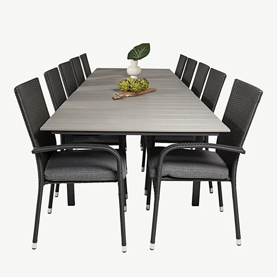 Pikendatav aiamööbli komplekt Levels ristkülikukujulise laua ja kokkupandavate toolidega – tumehall WPC, must rotang, GR18855 – 3