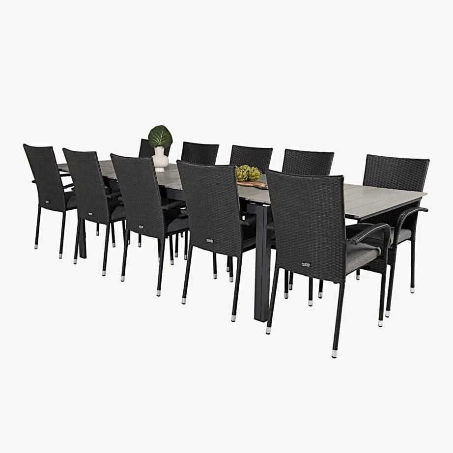 Pikendatav aiamööbli komplekt Levels ristkülikukujulise laua ja kokkupandavate toolidega – tumehall WPC, must rotang, GR18855 – 4