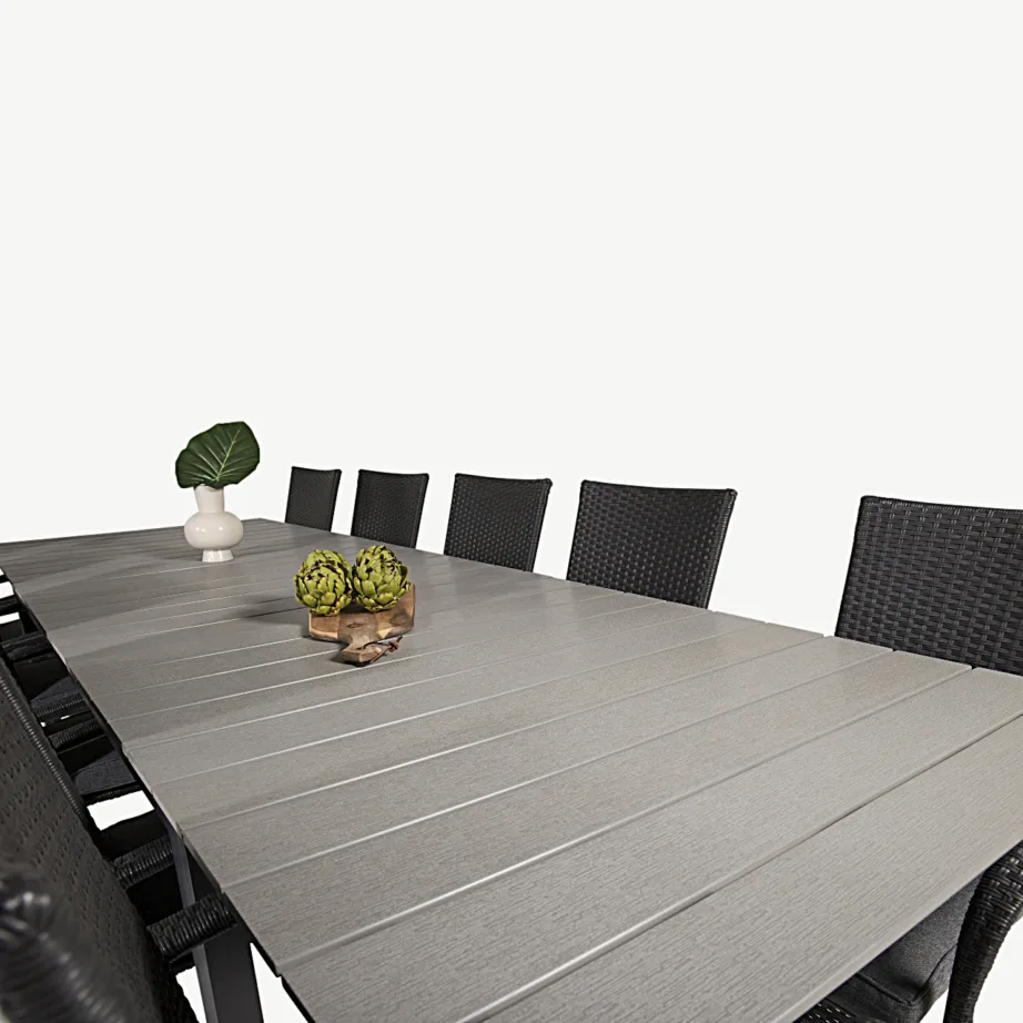 Pikendatav aiamööbli komplekt Levels ristkülikukujulise laua ja kokkupandavate toolidega – tumehall WPC, must rotang, GR18855 – 5