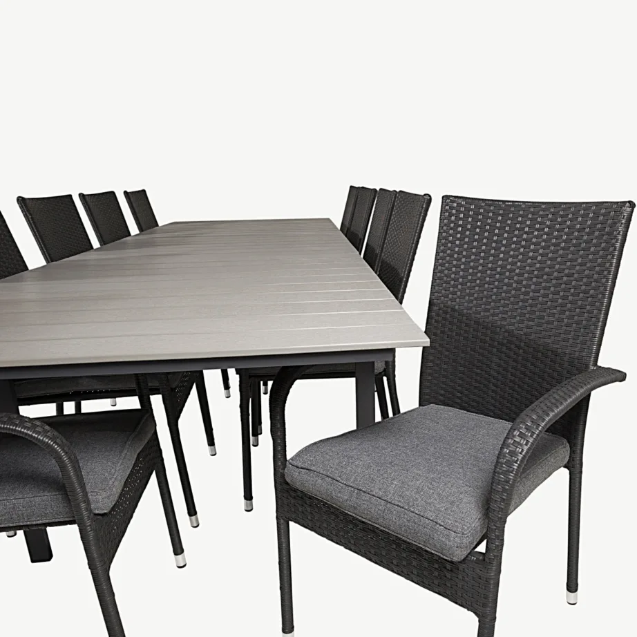 Pikendatav aiamööbli komplekt Levels ristkülikukujulise laua ja kokkupandavate toolidega – tumehall WPC, must rotang, GR18855 – 6