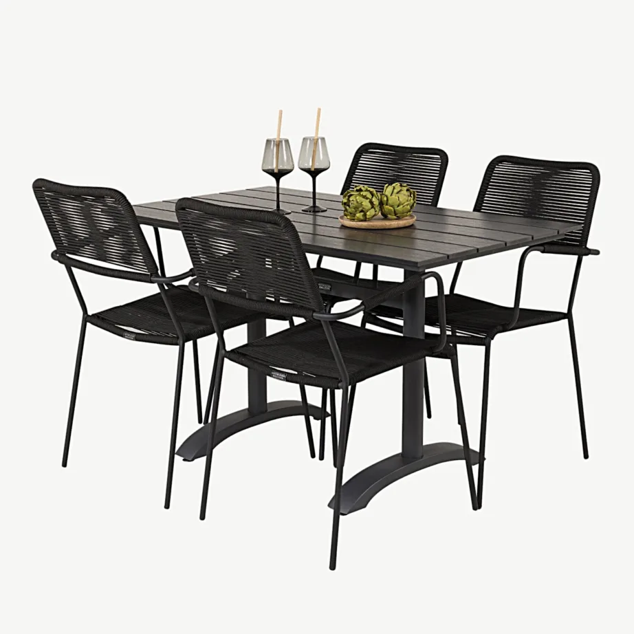 Denver ristkülikukujuline must välimööbli komplekt alumiiniumist ja puitplastkomposiidist lauaga ning polüesterköiest toolidega, GR19027 – 4