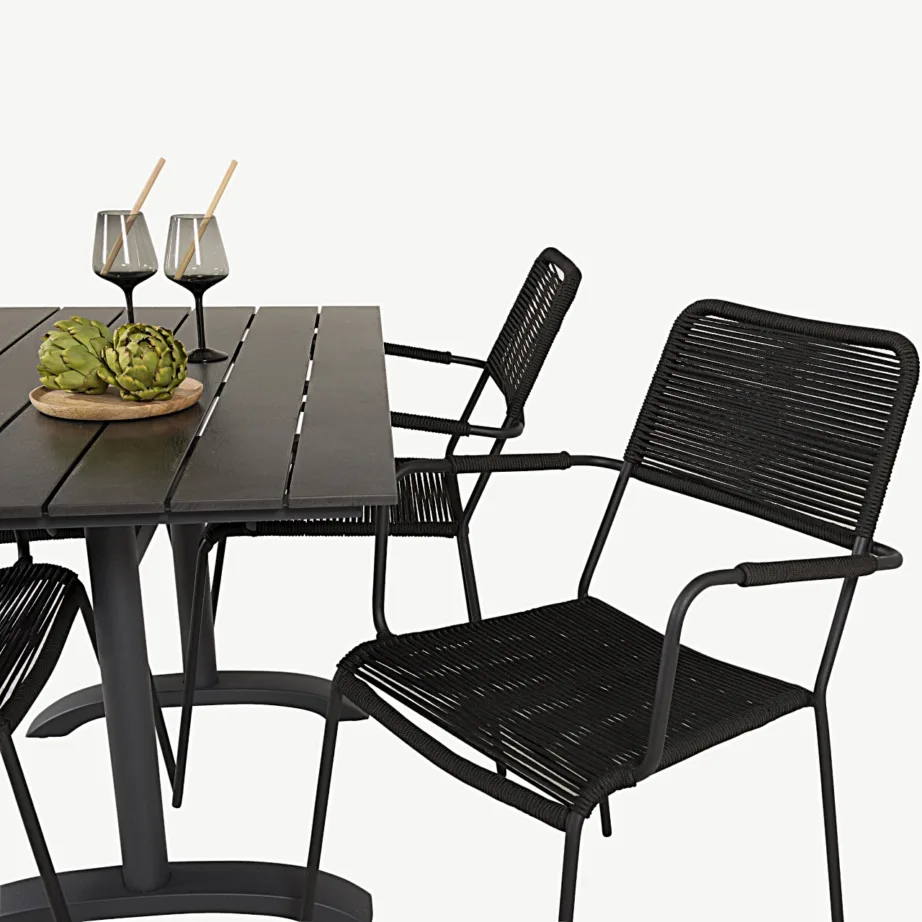 Denver ristkülikukujuline must välimööbli komplekt alumiiniumist ja puitplastkomposiidist lauaga ning polüesterköiest toolidega, GR19027 – 5