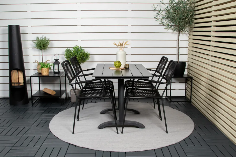 Denver ristkülikukujuline must välimööbli komplekt alumiiniumist ja puitplastkomposiidist lauaga ning polüesterköiest toolidega, GR19027 – 6