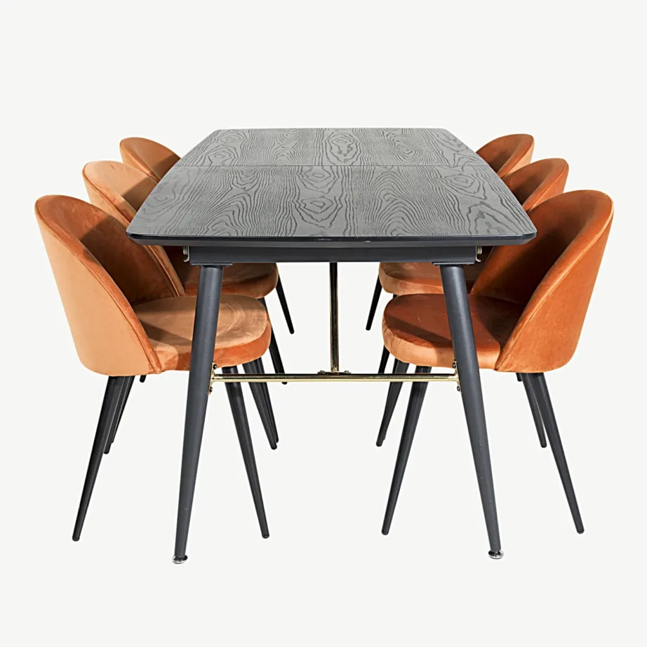 Pikendatav must söögilaud messingdetailide ja 6 oranži sametist tooliga Gold-Velvet, GR19436 – 2
