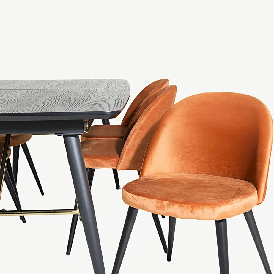 Pikendatav must söögilaud messingdetailide ja 6 oranži sametist tooliga Gold-Velvet, GR19436 – 3
