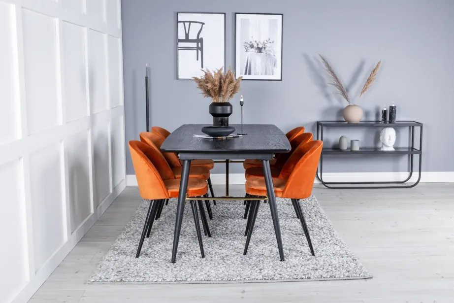 Pikendatav must söögilaud messingdetailide ja 6 oranži sametist tooliga Gold-Velvet, GR19436 – 5
