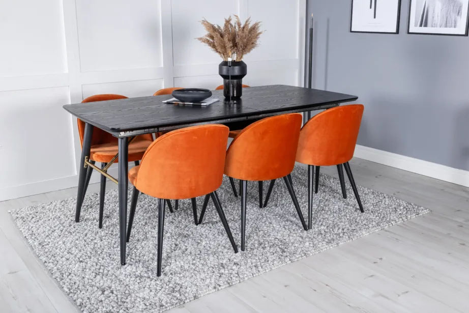 Pikendatav must söögilaud messingdetailide ja 6 oranži sametist tooliga Gold-Velvet, GR19436 – 6